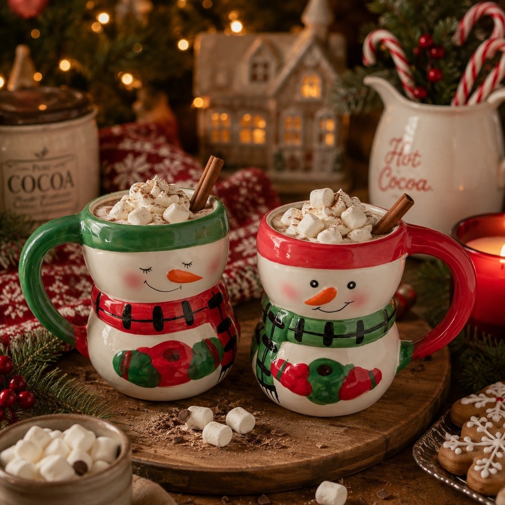 Bay Island Snowman Coffee Mugs Set of 2 Red Green Christmas Holiday Ceramic 12oz